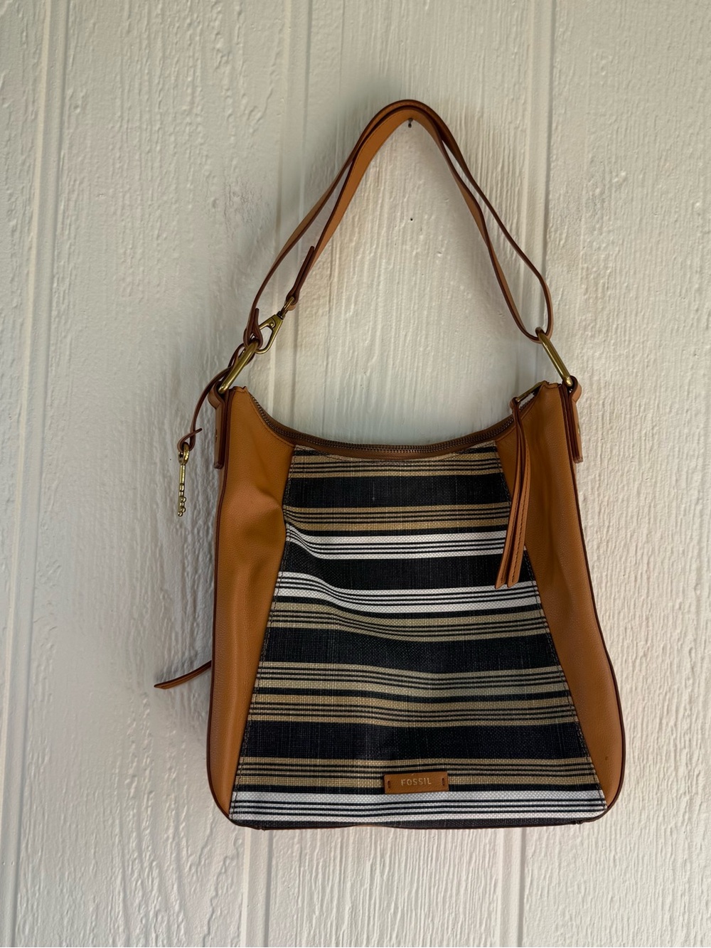 Fossil Tan Leather & Black Striped Canvas Shoulder Bag